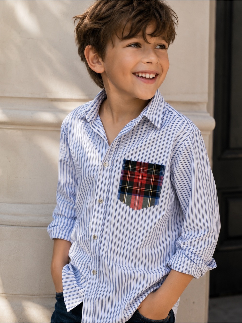 J.Crew Boys Striped Button Down Shirt Plaid Pocket Cotton Blue White Size 8